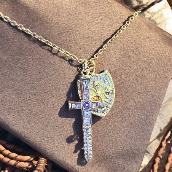 Sparkling Gold Toned Cross Sword Necklace with Shield DND Paladin - Picture 5 of 17